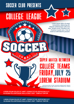 Football sport match of college league poster with soccer ball shield badge. Football sport club banner with winner trophy cup, ball and star for soccer championship and sporting competition design