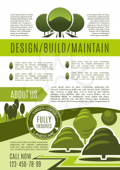 Landscape design studio business poster of landscaping and gardening service. Green tree alley and decorative grass lawn poster for landscape architecture, planning and maintenance design