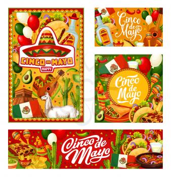 Cinco de Mayo Mexican holiday calligraphy greeting with traditional decorations. Vector Cinco de Mayo fiesta tacos with avocado guacamole, Mexico flag and mustaches, sombrero and Aztec pyramid