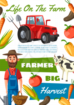 Farmer agronomist at cattle farm with fruits and vegetables harvest. Vector country farmland gardener man profession, harvesting tractor and cow, agriculture equipment and farming tools