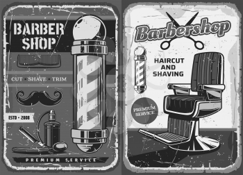 Barbershop mustache and beard razor shaving salon vintage poster. Vector gentlemen barber shop or hipster hairdresser, haircut scissors and hair trim comb or hairbrush