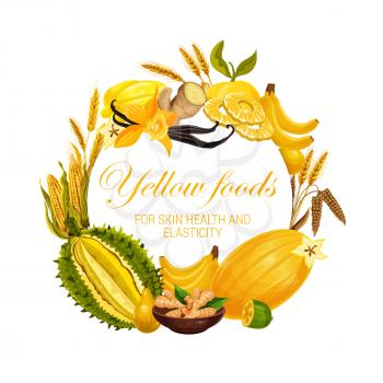Yellow food nutrition, color diet healthy fruits, cereals and spices. Vector natural organic diet, yellow food vitamins in durian, corn or wheat and buckwheat, ginger and vanilla for skin health