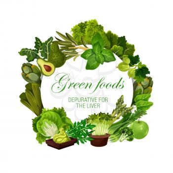 Green food nutrition, color diet healthy vegan salads, vegetables and berries. Vector natural organic diet, green food vitamins in gooseberry, wasabi and cabbage veggie or herbs for liver health