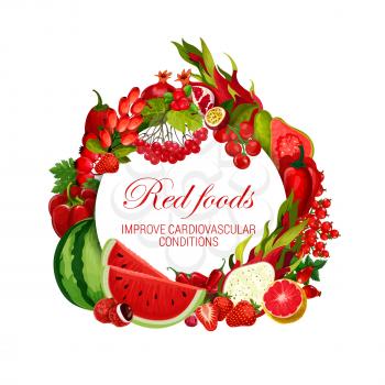 Red food nutrition, color diet healthy vegan vegetables, fruits and berries. Vector natural organic diet, red food watermelon, grapefruit or tomato and pepper, pomegranate and currant for heart health