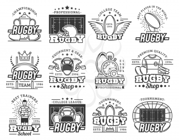 Rugby sport college team, school club badges, equipment shop and league cup tournament icons. Vector symbols of rugby football player helmet, victory wings and crown on arena stadium and