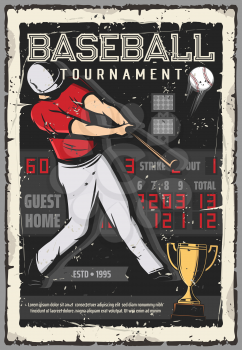 Baseball sport tournament vintage grunge poster. Vector baseball player with bat hit ball on scoreboard background, softball game league championship, golden cup victory