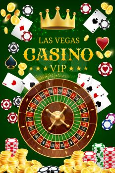Casino gamble game wheel of fortune roulette with dice and poker playing cards. Vector Las Vegas poker poster with golden crown, sparkling golden coins win splash and gamble bets token chips