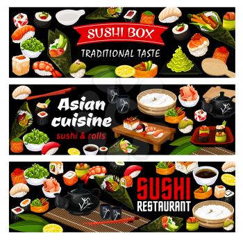 Japanese sushi bar banners, Asian seafood cuisine buffet menu. Vector lunch maki and rolls tempura with salmon Califronia, unagi and gunkan hosomaki, green tea, rice with wasabi and chopsticks