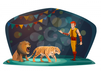 Circus arena and performance show with trained wild animals. Vector big top circus animal tamer with whip performing with roaring lion and tiger in arena spotlight