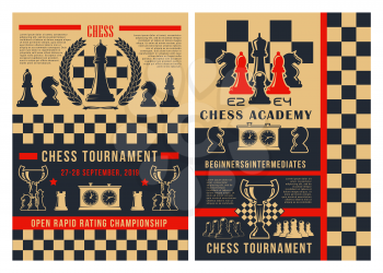 Chess academy game tournament posters. Vector chess club championship cup for beginners and professional player, pieces in checkmate strategy on chessboard with game score clock and victory laurel