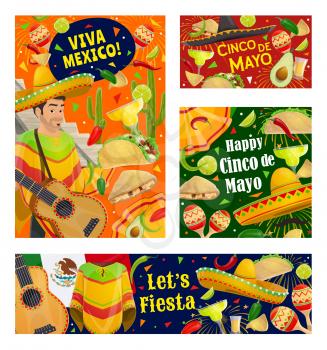 Viva Mexico and Cinco de Mayo holiday vector greeting banners. Mexican fiesta party guitar, sombrero and cactus, maracas, tequila margarita and chilli, tacos, nachos and avocado, lime and jalapeno