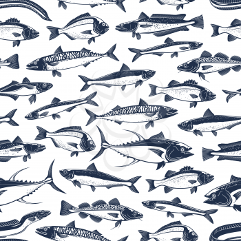 Sea and ocean fishes seamless pattern. Vector background of fishing catch tuna, salmon or trout and scomber sprat or eel and herring with bream or sardines and sea bass pattern