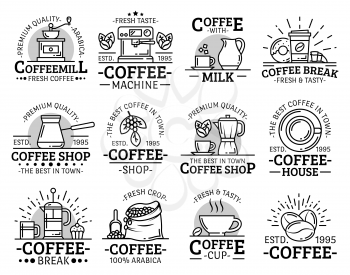 Coffeeshop, cafe or cafeteria and coffeehouse line icons. Vector premium quality coffee cup of cappuccino and americano, Turkish sezve maker and coffee beans, sugar and milk pot with donut dessert
