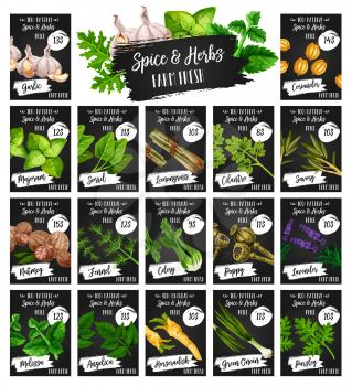 Spices and herbs farm market price menu, organic seasonings and herbal cooking flavoring. Vector garlic, coriander and marjoram, lemongrass spice and lavender herb, angelica and melissa condiment