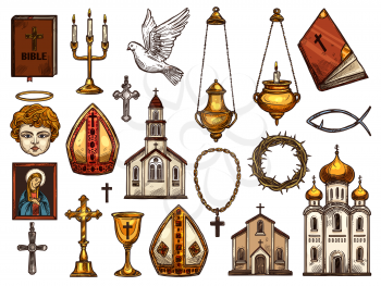 Orthodox and catholic or evangelic and protestant Christianity religion symbols. Vector isolated sketch religious icon, church and Jesus Christ thorn crown, Pope mitre, Christian dove and holy bible