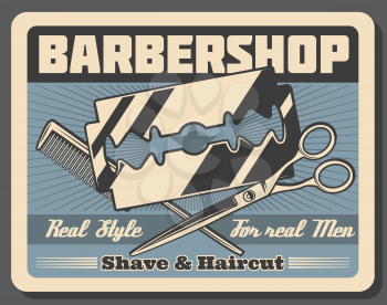 Barbershop men haircutter, mustache and beard shaving salon vintage poster. Vector gentlemen barber shop or hipster hairdresser, haircut equipment razor blade, scissors and hair trim comb