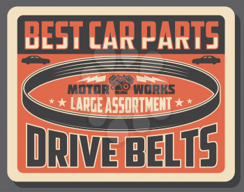 Car spare parts shop old vintage poster, vehicle service and repair tools workshop. Vector automobile transport engine drive belts and motor parts hight quality assortment with mechanic maintenance