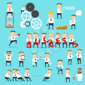 Businessman character icons, business situations and metaphors. Vector director and employee team job success and crisis, leadership and trade cooperation, achievement, partnership and competition