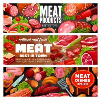 Meat products, sausage delicatessen and butchery gourmet gastronomy food. Vector butcher shop pork ham and bacon, salami and cervelat sausages with jamon, beef steak and mutton ribs in cooking spices