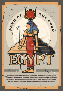 Egypt tourist trips or culture and history museum vintage grunge poster. Vector ancient Egypt travel tours to landmark pyramids and Amun Ra god statue exhibition in Cairo and Giza