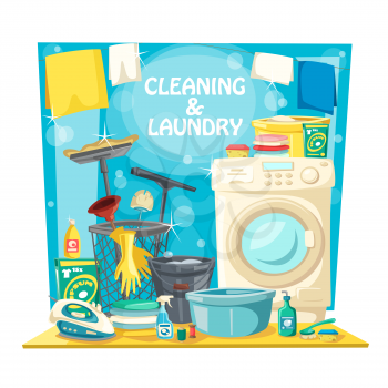 Home laundry washing, house cleaning and needlework service. Vector professional housekeeping, floor mopping or window glass polishing, washing machine and clothes ironing or clothes sewing