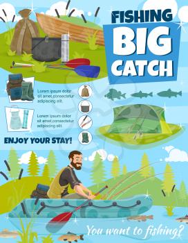 Big fish catch adventure on river or sea. Vector fisherman in inflatable boat with paddles and rod, fishing equipment, lures and tackles, camping tent and bowler or thermos, rubber boots and fish net