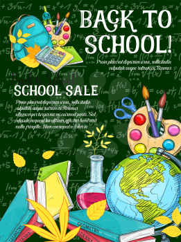Sale banner with school supplies on chalkboard. Book, paint palette and scissors, globe and calculator sketch poster, decorated with autumn leaves for student items discount offer flyer design