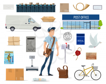 Postal delivery service cartoon set with postman and post icon. Post office, mailman, letter and mailbox, postage stamp, package and parcel, postal worker bag, delivery truck, bike and postmark symbol