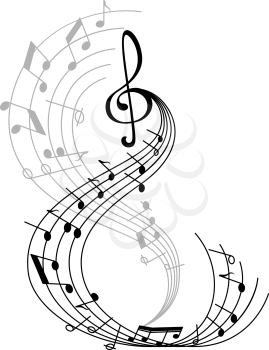 Music note poster of musical symbol on curved staff with treble clef and key signatures. Classical music melody notation for music themes design