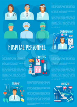 Dentistry, urology, dietetics and ophthalmology medical personnel and hospital doctor poster. Dentist, urologist, dietitian and ophthalmologist with pill, syringe, tooth, eye drop, surgical instrument