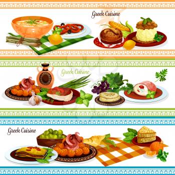 Greek cuisine traditional food banner set of eggplant cheese casserole moussaka, pickled olive fruit, meat roll with cheese, pita bread, fried fish, squid ring in wine sauce, chicken stew, honey cake