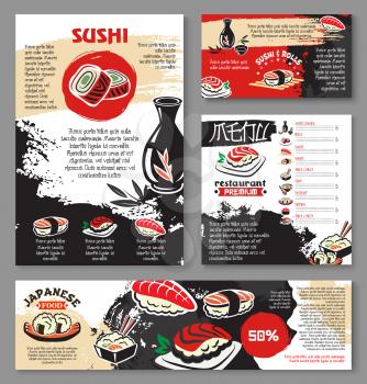 Japanese seafood restaurant poster and banner template design. Sushi and asian food menu card or flyer design with sushi roll with fish and shrimp, fried seafood rice, noodle soup, tea and sake drink