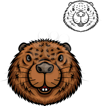 Beaver animal head cartoon icon. Brown beaver, amphibious rodent with pair of sharp tooth and short fur. Zoo mascot, t-shirt print, forest wildlife theme design