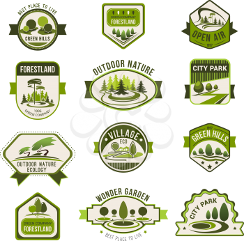 Park, green city garden, eco landscape design, forest nature badge set. Green tree with decorative grass lawn isolated icon for ecology, landscaping, greenhouse and eco friendly business theme design