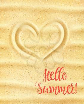 Hello Summer poster. Loving heart on yellow sand of sunny sea beach for summer holiday and tropical vacation greeting card, travel banner and beach party invitation design