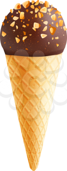 Ice cream cone isolated 3d illustration. Ice cream scoop in waffle cone, covered chocolate glaze and nuts. Sweet summer dessert, cafe menu and food packaging design