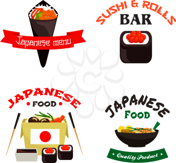 Japanese and asian food isolated icon set. Sushi roll and temaki sushi with rice, fish, seafood noodle in takeaway paper box with chopsticks, soy sauce and shrimp soup for japanese cuisine design