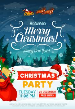 Christmas party poster or invitation card. Happy New Year and Xmas greeting design with Santa in sleigh with gifts bag and trees in snow on background