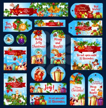 Merry Christmas greeting banners and Xmas happy holidays wish tags for winter season. Vector set of Christmas tree wreath garland and golden bell decoration, snowman and New Year Santa presents gifts