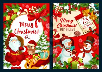 Merry Christmas winter season greeting card design for happy holiday wishes. Vector Christmas tree decorations, snowman and Santa with present gifts, owl and golden bells in New Year season snow
