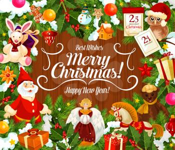 Merry Christmas wish for winter holidays celebration greeting card. Vector animal toys and gifts, Xmas tree decorations and angel, dwarf and owl in Santa hat. Calendar, holly berry and lantern