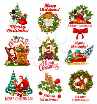 Merry Christmas greeting wishes icons of winter holidays symbols. Vector Santa with New Year gifts bag and decorations at Christmas tree with snowman on deer sleigh and gingerbread cookies