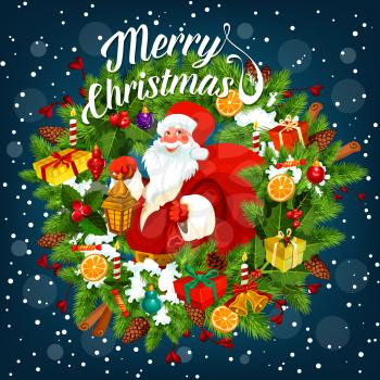 Santa Claus with sack of gifts and lantern on Merry Christmas poster with garland of fir. Candle and cinnamon stick, present and orange, holly berry and candy. Winter holiday greeting card vector