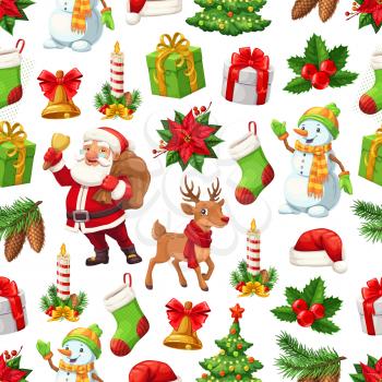 Christmas pattern background of New Year celebration symbols. Vector seamless design of cartoon Xmas tree, Santa and snowman with New Year gifts, stocking sock and wreath ribbon on reindeer bell
