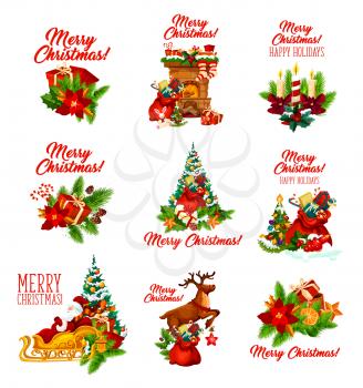 Merry Christmas happy holidays wish lettering and decoration icons for winter holiday season celebration. Vector Santa in sleigh, snowman with gift stockings on chimney fireplace and Christmas tree holly wreath