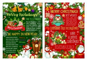 Santa with Christmas gift and snowman greeting poster template. Holly and Xmas tree garland winter holidays festive card, adorned with snowflake, bell, ball and candy, present, ribbon and cookie