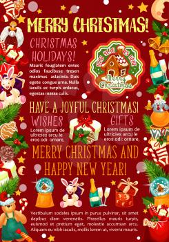 Christmas gift greeting poster of winter holidays. Xmas tree and holly berry with bell, star and present, sock, candy and cookie, gingerbread house and toys with wishes of Merry Christmas and New Year