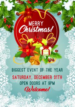 Merry Christmas party invitation poster or greeting card for happy winter holidays event. Vector Christmas tree decoration garland with Santa gifts and holly wreath, New Year golden bell in snowflakes