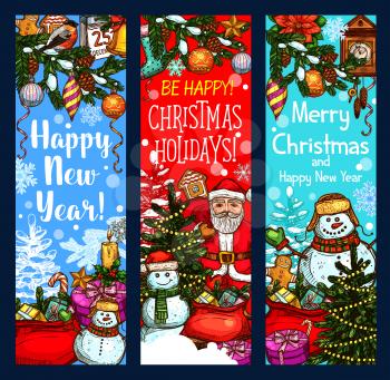 Christmas festive banner with New Year winter holiday sketches. Santa Claus, snowman and Xmas tree greeting card, decorated with gift, star and snowflake, ball, candy, cookie, candle and calendar