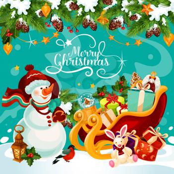 Merry Christmas greeting card winter holiday design of snowman in Santa hat and gift in sleigh. Vector Christmas tree decoration garland of golden bell, star and candy cookie for New Year celebration